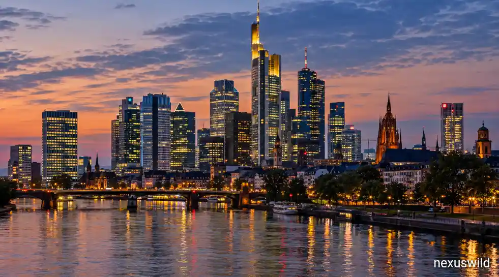 Skyline of a European financial district at dusk