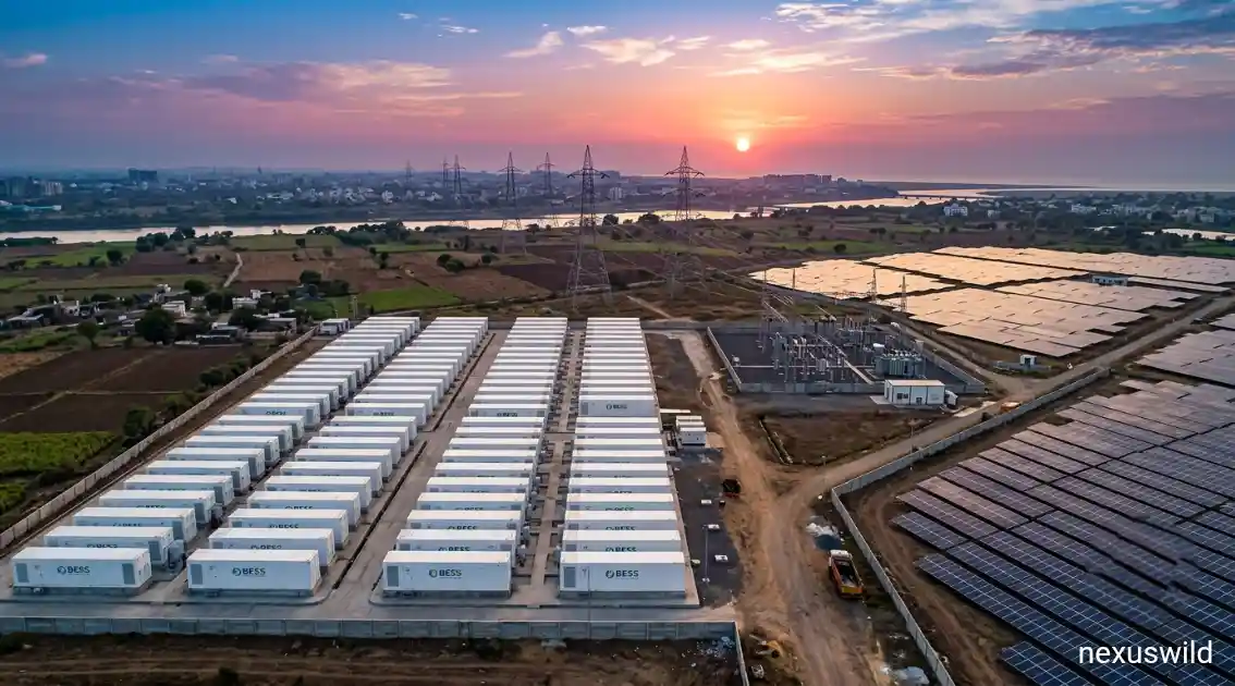Grid-scale battery containers beside a solar farm at sunset