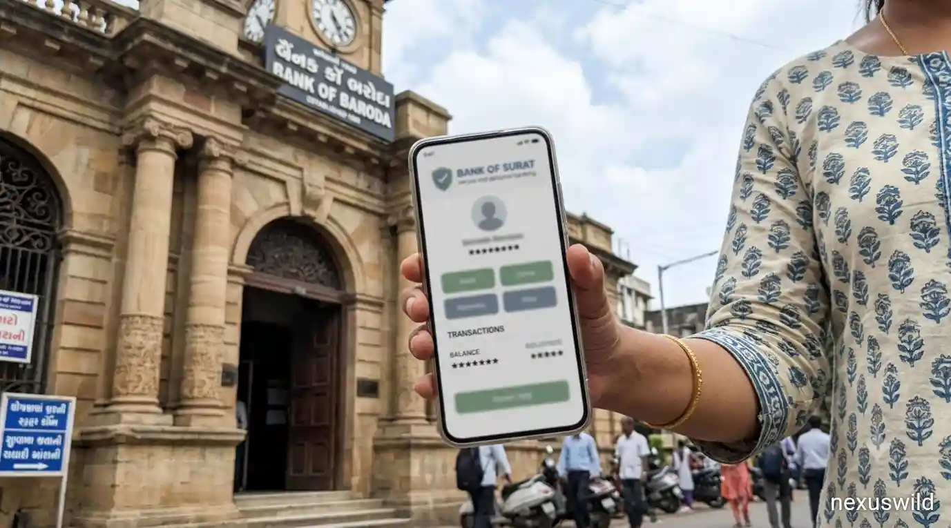 Person using a banking app with a traditional bank building behind