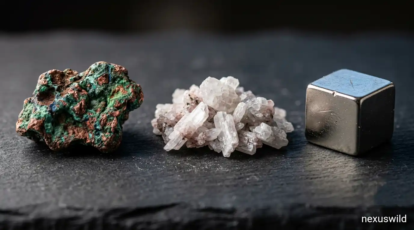 Copper ore, lithium crystals and a rare earth magnet on slate