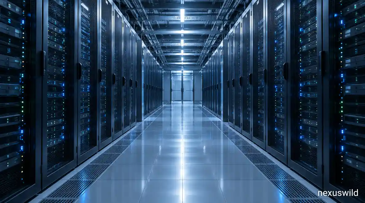Rows of server racks in an AI data centre aisle
