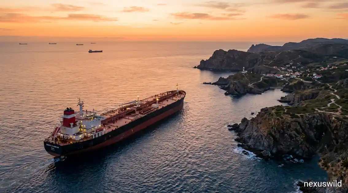 Oil tanker at sea near a rocky coastline at dusk